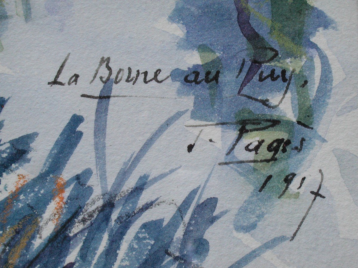Jules Eugène PAGES "La Borne au Puy" 1917 aquarelle gouachée 35x25-photo-3